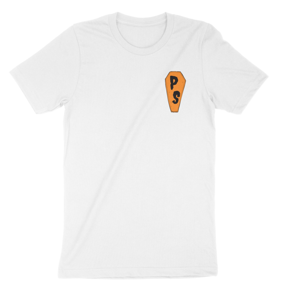 White coffin tee front ps